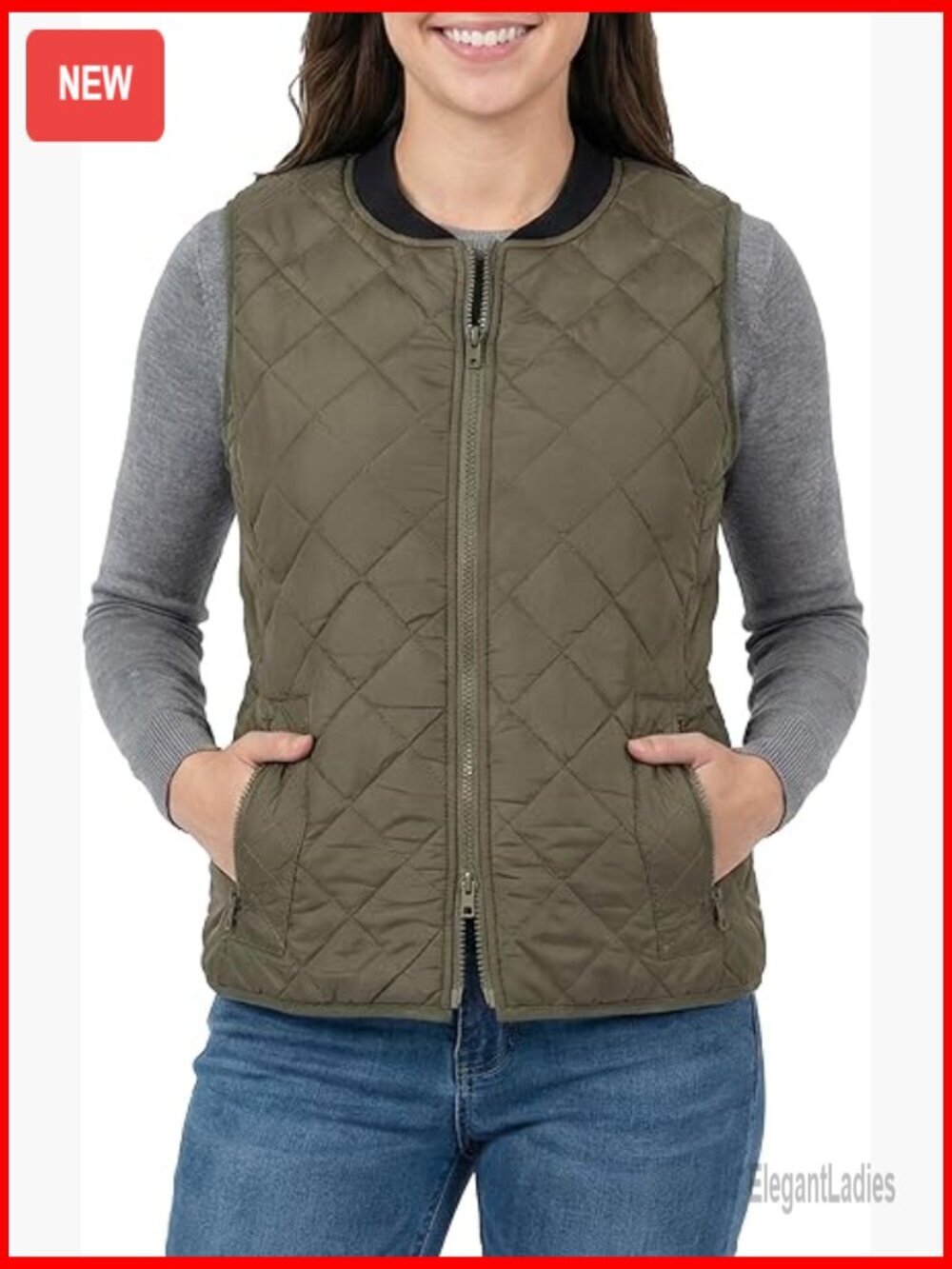 Lightweight Quilted Vest with Rib Collar, Zip Closure, Pockets